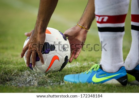 Chonburi,Thailand-January 18:Detail Of Ball Which Use In Match Between Ptt Rayong And Police Friend At Chonburi Stadium On Jan 18, 2014 In Chonburi,Thailand.