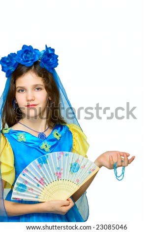 Teen girl in elegant dress and flower diadem isolated on white