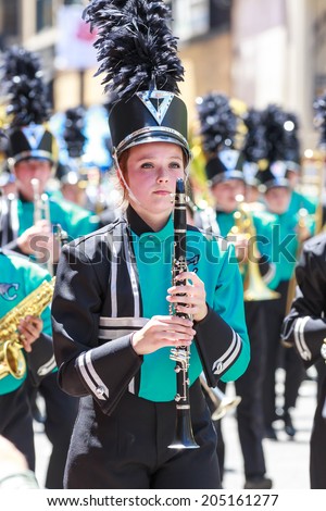 Portland, Oregon, USA - JUNE 7, 2014: Century High School Marching Band in Grand Floral Parade through Portland downtown.