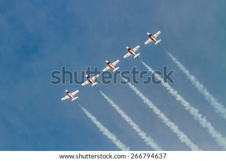 Hillsboro, Oregon - September 21, 2014: Canadian Forces Snowbirds perform Five Line Abreast in Oregon International Air Show.