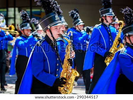 Portland, Oregon, USA - June 6, 2015: Hillsboro High School Marching Band in the Grand Floral Parade during Portland Rose Festival 2015.