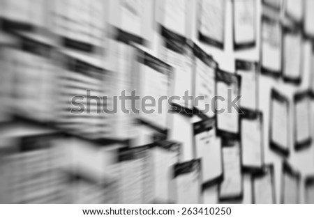 Horizontal black and white sticky notes office brain storm abstraction background backdrop
