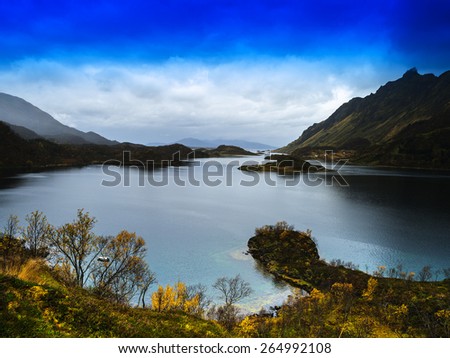 Horizontal wide Norway fjord landscape panorama background backdrop