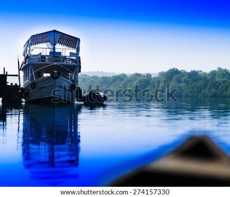 Horizontal vivid river ship boat landscape background backdrop