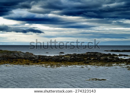 Horizontal vivid vibrant dramatic Norway beach ocean landscape background backdrop