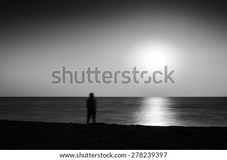 Horizontal vivid black and white meeting ocean sunset lonely man abstraction landscape background backdrop