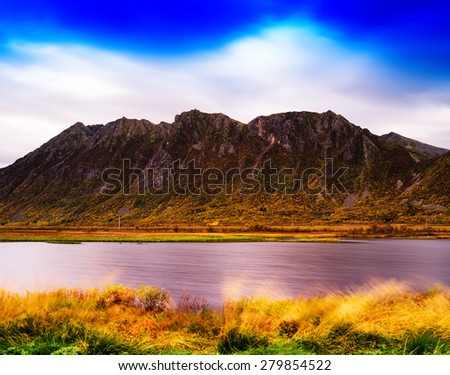 Horizontal vivid Norway fjord mountain bay wind landscape background backdrop
