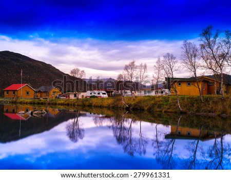 Horizontal vivivd Norway camping landscape background backdrop