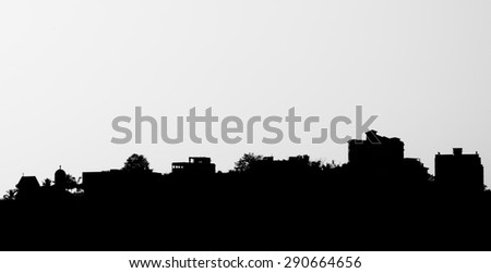 Horizontal wide black and white blank empty Indian city silhouette background backdrop