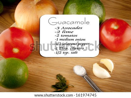 Guacamole ingredients on a cutting board with a recipe card