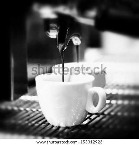 Prepares espresso in his coffee shop; close-up counter espresso automatic cappuccino bari sta portability coffee-shop coffee shop coffee mill coffee house coffee machine coffee dispenser
