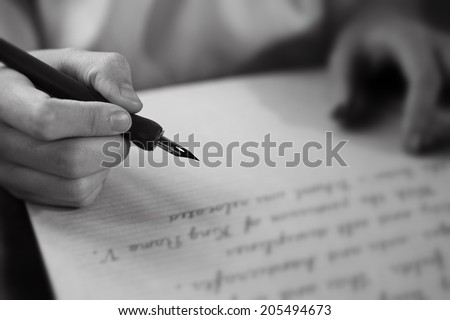 Retro effect faded and toned image of a girl writing a note with a fountain pen antique handwritten letter  page document poet journalist lawyer business plan study ccontract  letter pen memory report