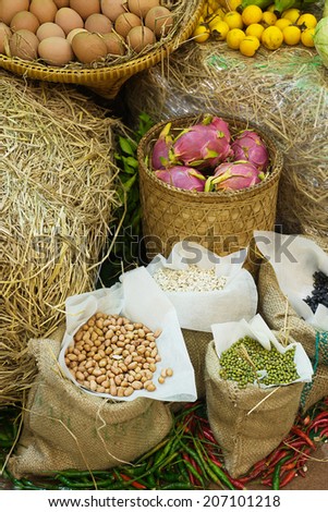 Organic natural food Green beans black beans peanuts fruit eggs quail eggs eggplant yellow peppers green red  agriculture background bean black bowl chickpea collection  dry food green healthy set soy