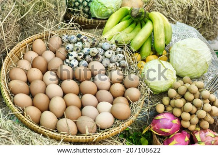 Organic natural food chicken eggs quail eggs banana longan dragon fruit cabbage fruit farmer fresh freshness