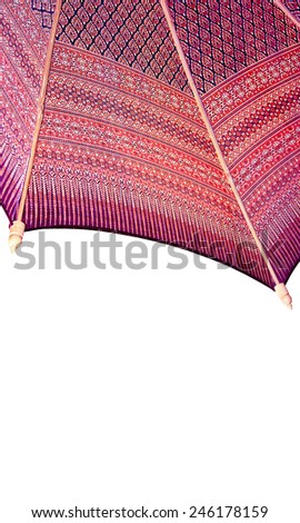 Thailand pattern silk umbrella and sky blue art artist handicraft beach isolated on white background.