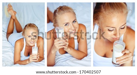collage woman drinking milk