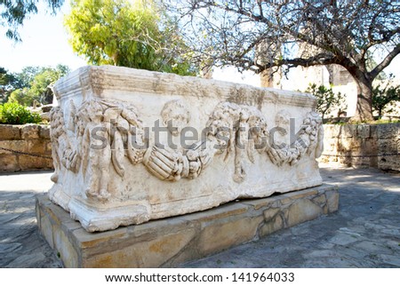 FAMAGUSTA,NORTH CYPRUS-JANUARY 26,2013:Ancient  Roman sarcophagus at Venetian Palace in Famagusta,North Cyprus on january 26,2013