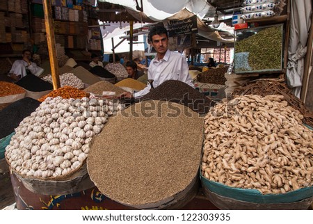 SANAA, YEMEN - MAY 4: An unidentified man sells spices on May 4, 2007 in Sanaa, Yemen. Open markets play a central role in the social-economic life of one of the poorest countries in the Arab World.
