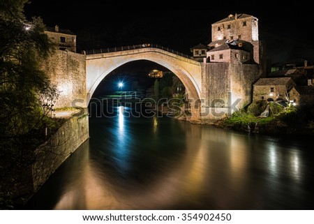 The Old Bridge in Mostar at night, Bosnia and Herzegovina