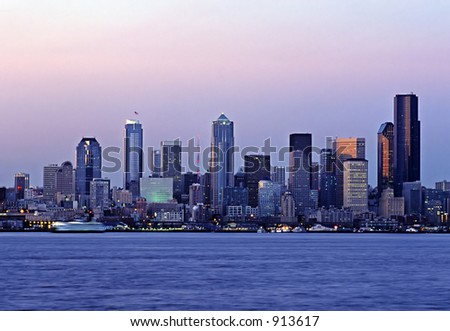 The skyline of Seattle, Washington as seen from Alki Beach in West Seattle.