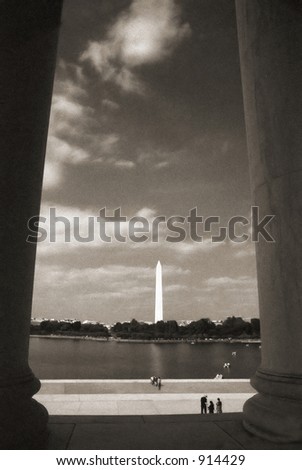 View of the Washington Monument and the White House from the Jefferson Memorial.  Washington, D.C.