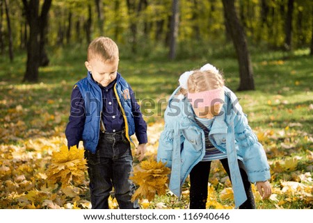 Young brother and sister gathering autumn leaves in a woodland park that lie scattered on the grass