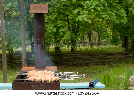 Delicious chicken kebabs on long stainless steel skewers cooking on a barbecue over smoking hot coals in a rural campsite with leafy green trees and copyspace