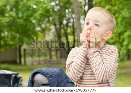 Little boy pulling a funny droopy eyed face as he pulls down on his cheeks with his hands to amuse himself while sitting waiting with his luggage in a rural park