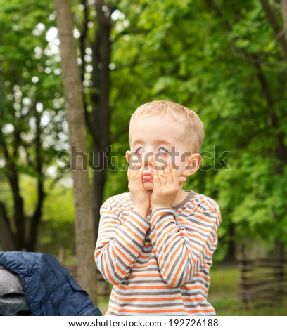 Small boy pulling a funny face distorting his features with his hands as he amuses himself outdoors in a leafy green park