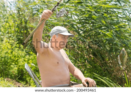 Senior fisherman dangling a fish on the end his line as he lifts the rod high in the air while sitting on a chair fishing on a freshwater lake with lush vegetation