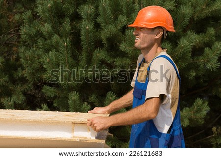 Happy young workman on a building site carrying a wooden wall insulation panel with a smile, side view against greenery with copyspace