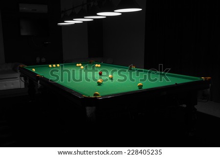 Billiard Balls Scattered on Pool Table in Empty Dimly Lit Pool Hall