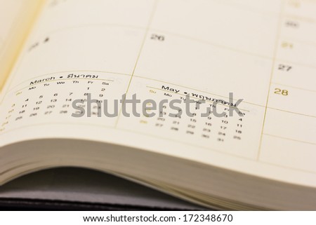 Close up calendar on the book