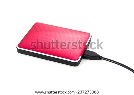 Red external hard drive on white background