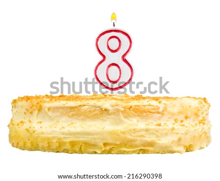 birthday cake with candles number eight isolated on white background