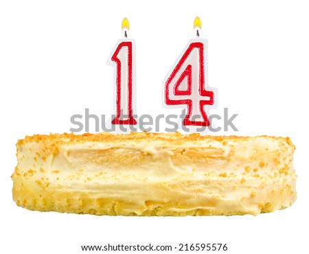 birthday cake with candles number fourteen isolated on white background