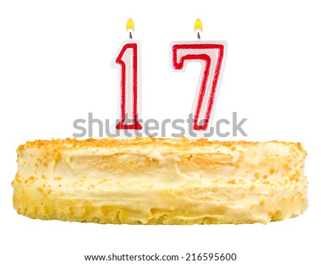 birthday cake with candles number seventeen isolated on white background