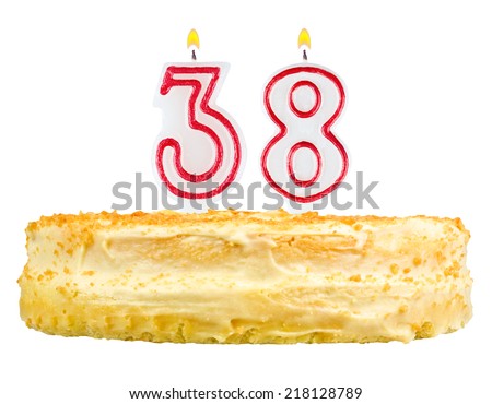 birthday cake with candles number thirty eight isolated on white background