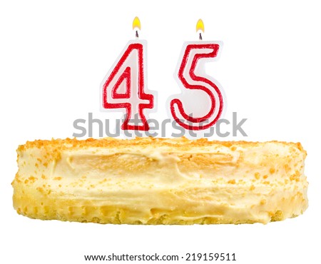 birthday cake with candles number forty five isolated on white background