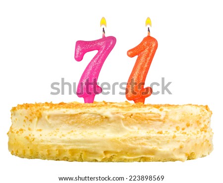 birthday cake with candles number seventy one isolated on white background