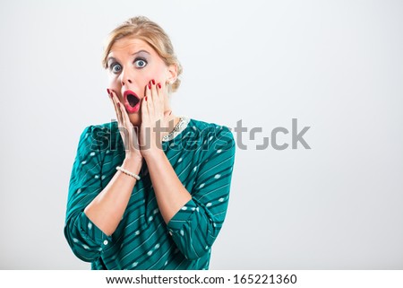 Retro woman is very shocked because of something,Shocked woman