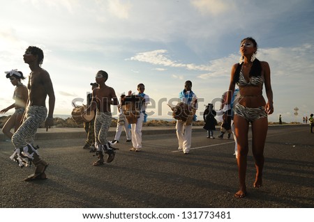 CARTAGENA DE INDIAS, COLOMBIA - NOVEMBER 11: Unidentified people participate in Carnaval de Cartagena on November 11, 2011 in Cartagena de Indias, Colombia.  The pageant celebrates independence day.