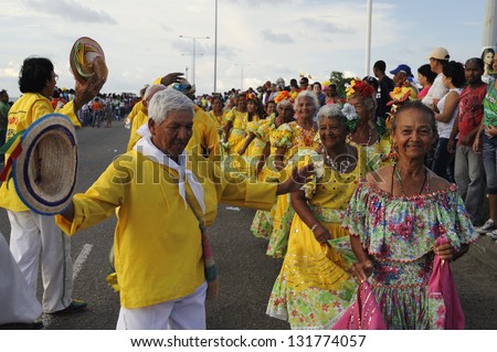 CARTAGENA DE INDIAS, COLOMBIA - NOVEMBER 11: Unidentified people participate in Carnaval de Cartagena on November 11, 2011 in Cartagena de Indias, Colombia.  The pageant celebrates independence day.