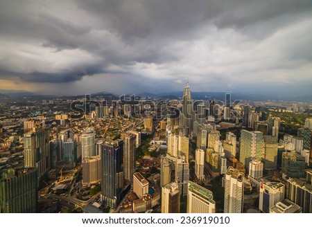 Dramatic scenery of the Kuala Lumpur city in the monsoon season in Malaysia