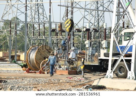 RATCHABURI -THAILAND - JANUARY 10 : Workers and preparation equipment. To change the insulation in high voltage power station., January 10, 2015 in Ratchaburi province, Thailand