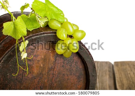 Wine grape and barrel with fresh grapevine border on
