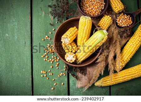 Corn on the plate on a green wooden boards