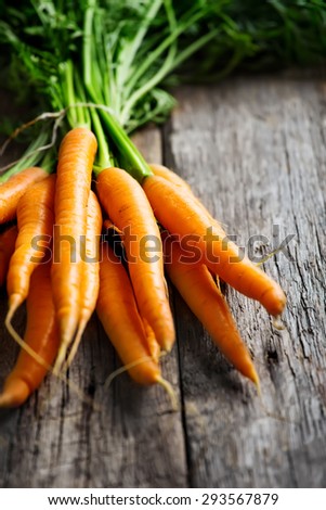 Raw carrot with green leaves on wooden background