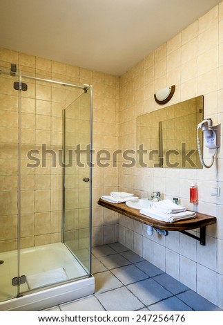Interior of a modern bathroom in pastel colors. Shower cabin, basins, white towels. The vertical position photo.