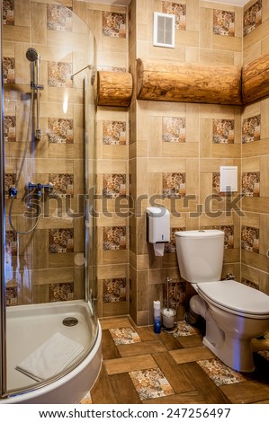 Interior of a modern bathroom. Shower cabin, basins, toilet. The vertical position photo.
